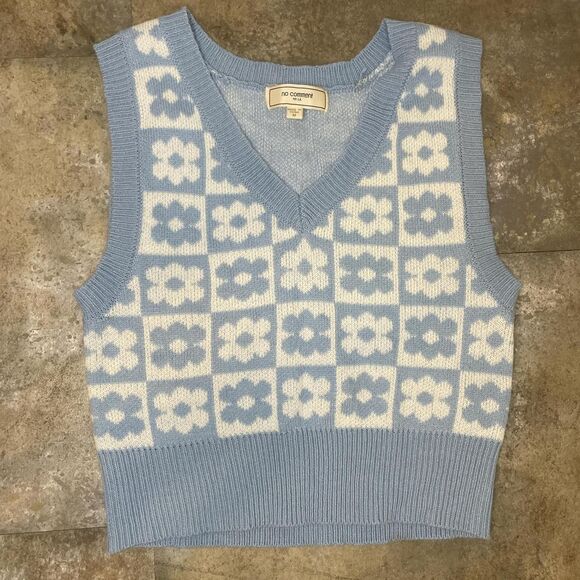no comment women's white and blue checkered daisy sweater vest size medium - Picture 1 of 6
